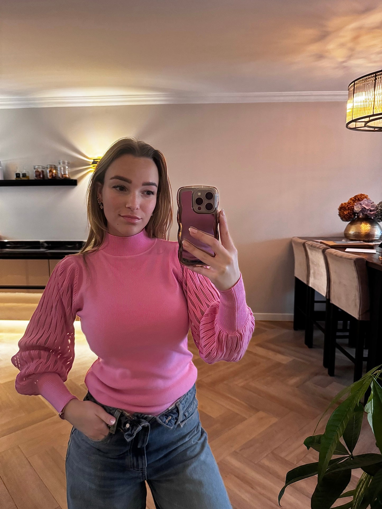 Roze coltrui met plissé mouwen