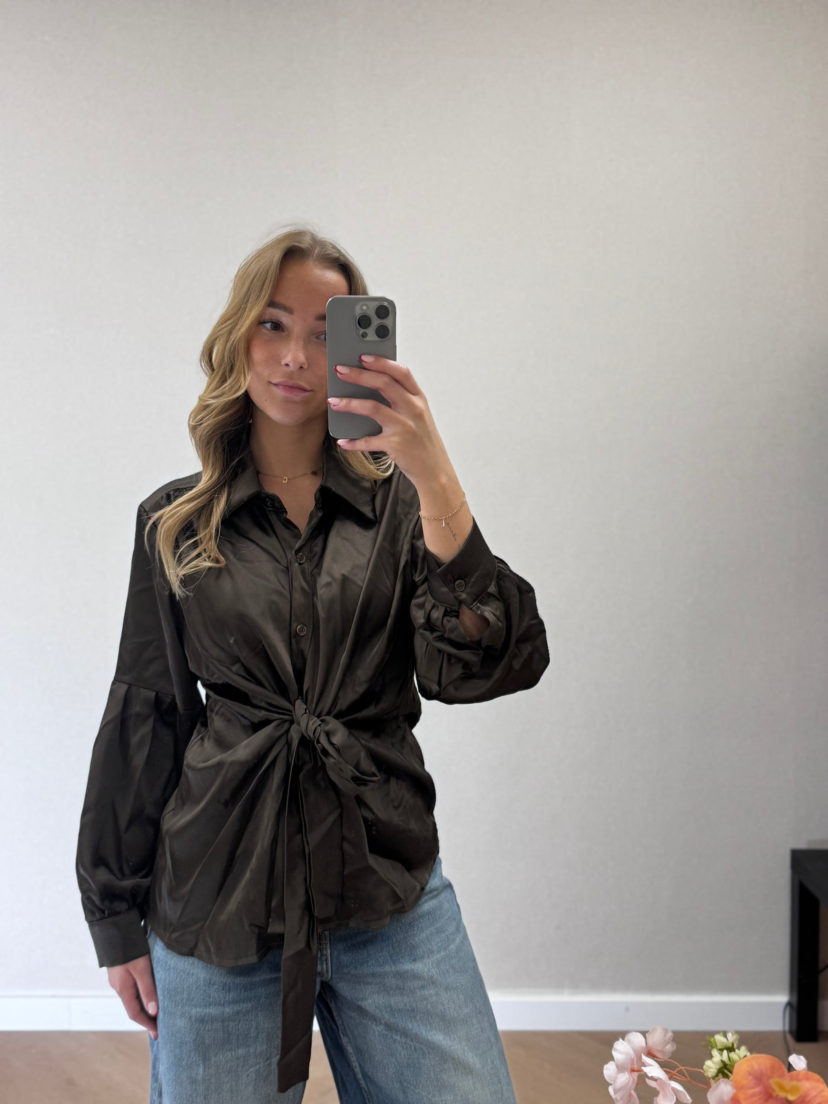 Bow blouse satin - brown